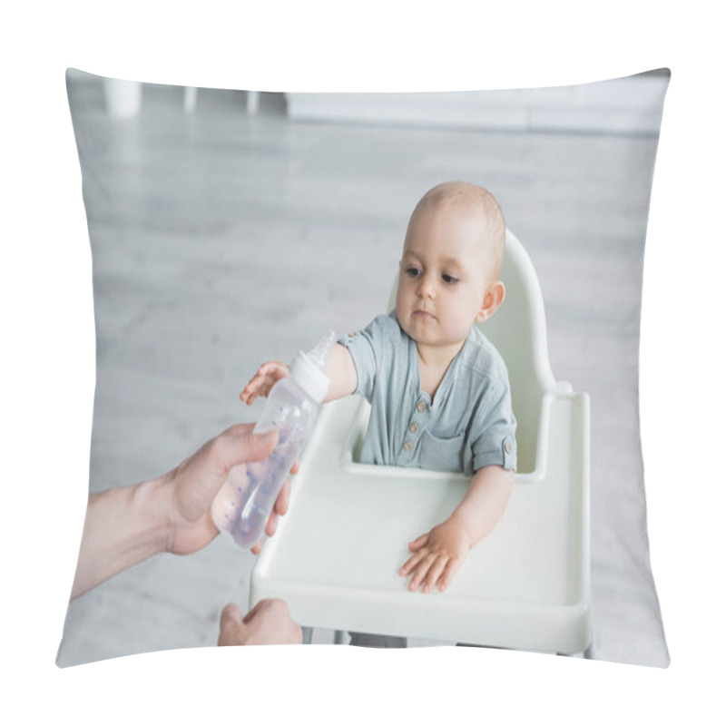 Personality  Father Holding Baby Bottle With Water Near Kid On High Chair  Pillow Covers