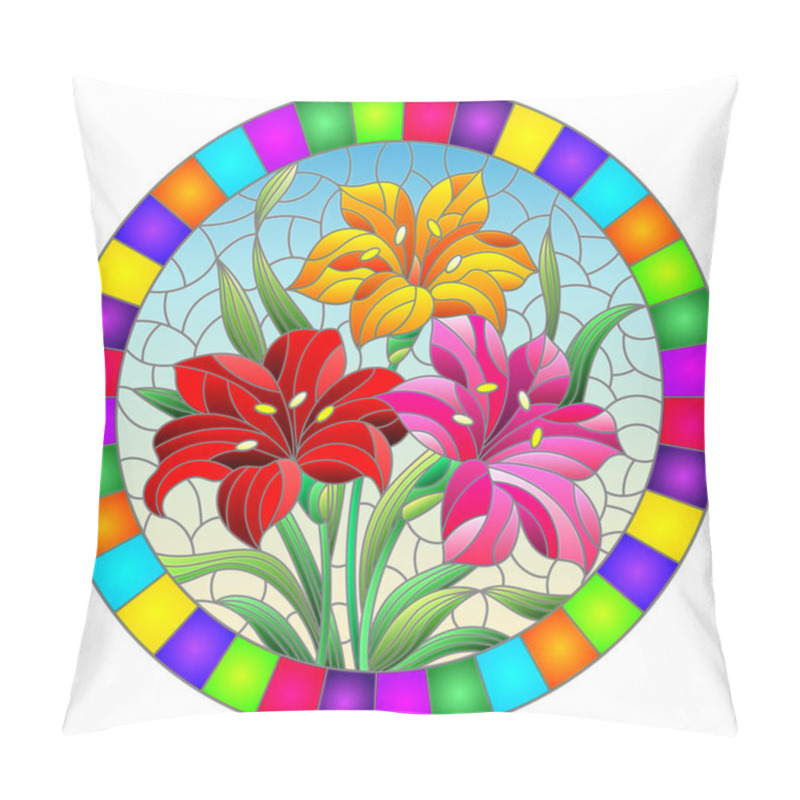 Personality  Llustration In Stained Glass Style With Flowers, Leaves And Buds Of Bright Lilies On A Blue Background, Round Image In A Bright Frame Pillow Covers