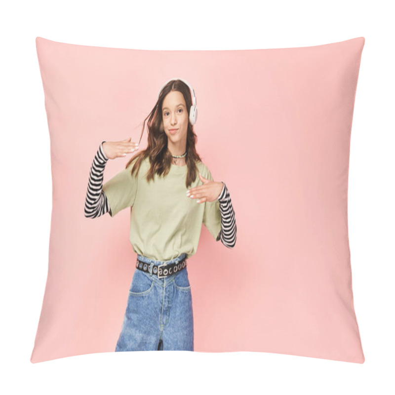 Personality  A Good Looking Teenage Girl Poses Actively In Stylish Vibrant Attire Of A Green Shirt And Blue Jeans. Pillow Covers