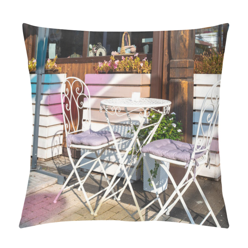 Personality  Empty White Table And Couple Chairs On Street Outside A Cafe Bar Or Restaurant With Sunbeams, Neon Shadows. The Concept Of Love And Romantic Dinner Pillow Covers