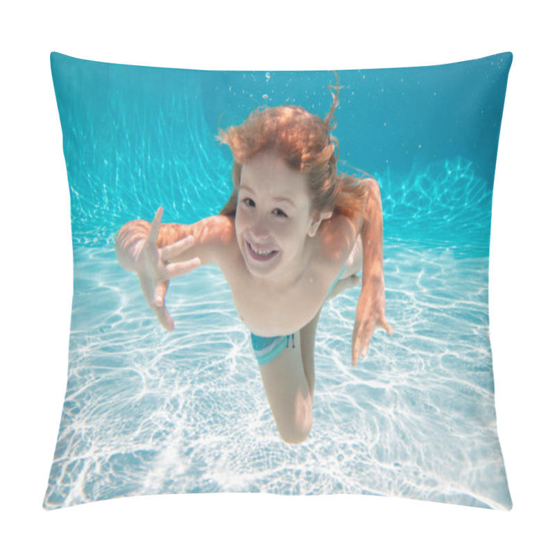 Personality  Kid Boy Swimming Underwater. Kid In The Water Swimming Under Water And Smiling. Child Swim Underwater In Pool. Funny Happy Kids Face. Pillow Covers