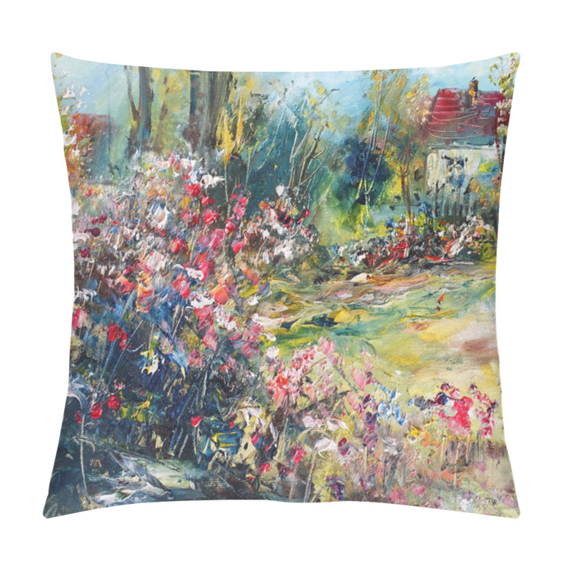 Personality  Blooming Flowers In The Garden Near The House, Oil Painting On Canvas                                Pillow Covers