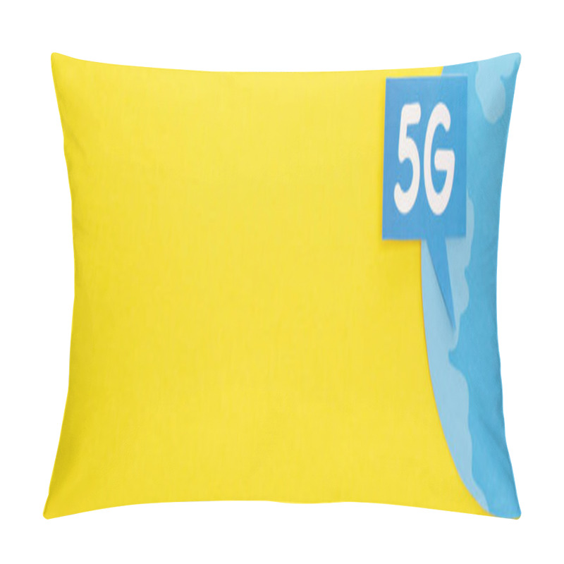 Personality  Top View Of Speech Bubble With 5g Lettering Near Blue Globe On Yellow Background, Panoramic Shot Pillow Covers