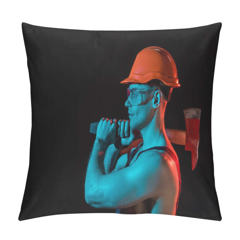 Personality  Side View Of Sexy Fireman In Hardhat And Protective Goggles Holding Flat Head Axe Isolated On Black Pillow Covers