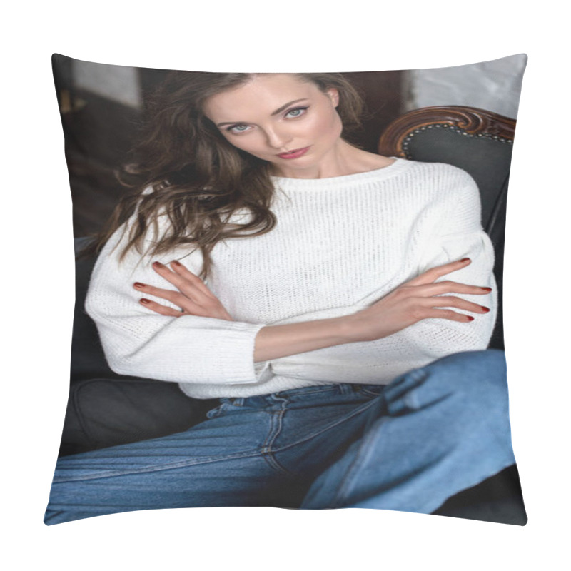 Personality  Beautiful Casual Brunette Girl With Crossed Arms Sitting On Armchair And Looking At Camera Pillow Covers