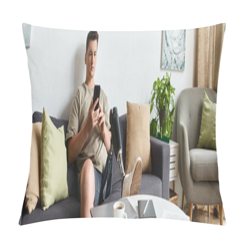 Personality  Young Handsome Man Sits Comfortably On A Sofa, Engaged With His Smartphone In A Bright Room. Pillow Covers