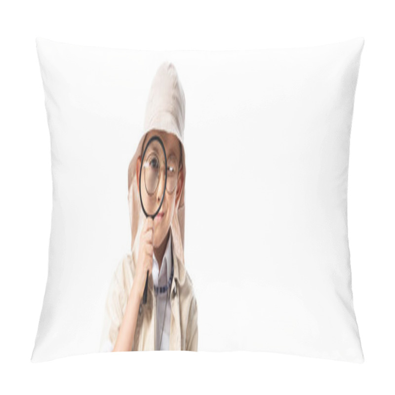 Personality  Panoramic Shot Of Curious Explorer Boy In Hat Looking Through Magnifier Isolated On White Pillow Covers