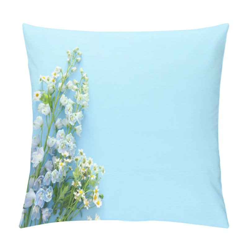 Personality  Spring Bouquet Of White And Blue Flowers Over Blue Wooden Background. Top View, Flat Lay Pillow Covers