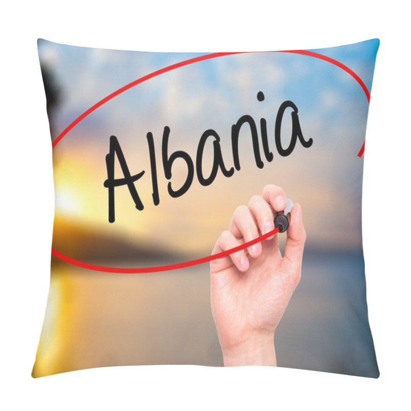 Personality  Man Hand Writing Albania  With Black Marker On Visual Screen Pillow Covers