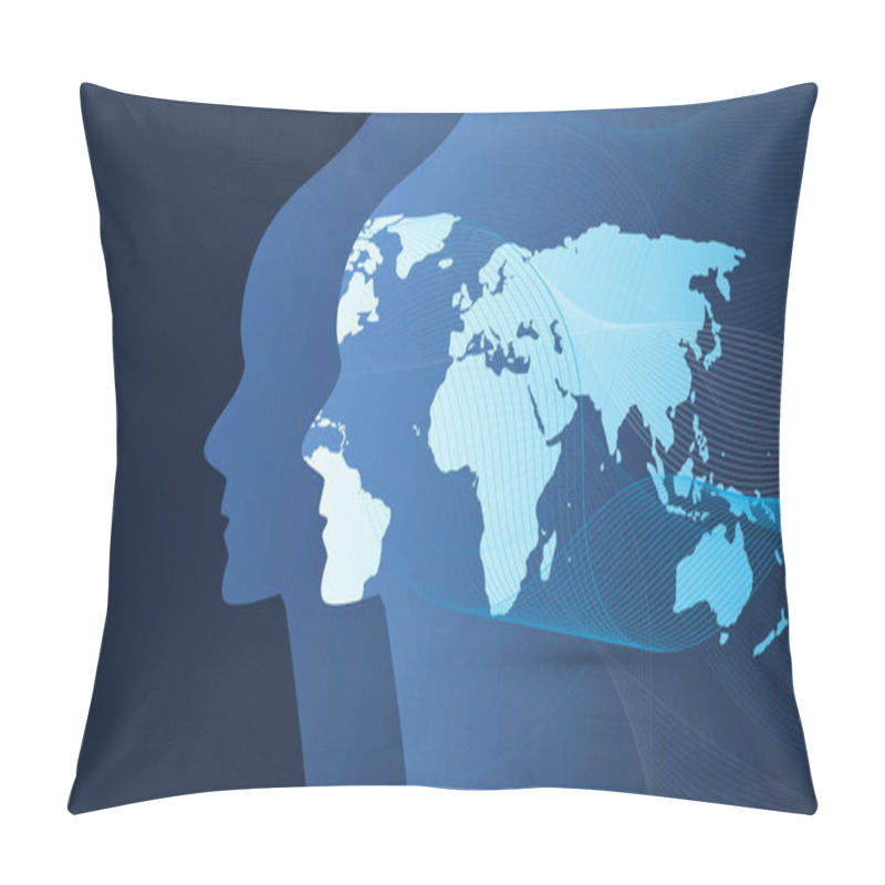 Personality  Machine Learning, Artificial Intelligence, Cloud Computing, Global Automated Support Assistance And Networks Design Concept With World Map, Wavy Pattern And Human Head  Pillow Covers