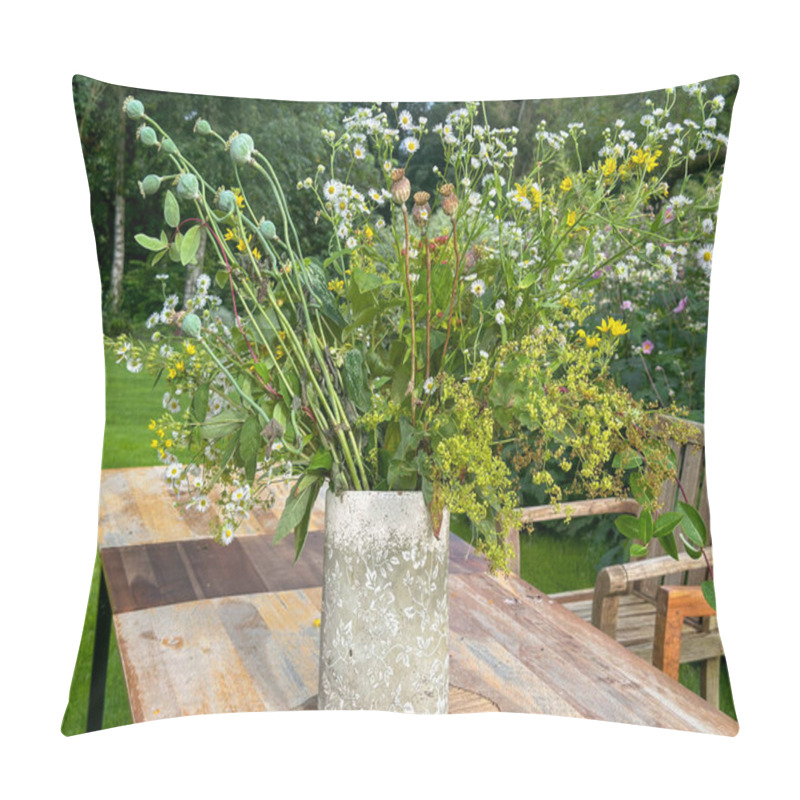 Personality  A Bouquet Of Wildflowers In A Decorative Vase. The Arrangement Includes Poppy Seed Pods, Daisies, And Greenery, Placed On A Rustic Wooden Table In A Garden Setting. 'Jardin Du Rossignol', France Pillow Covers