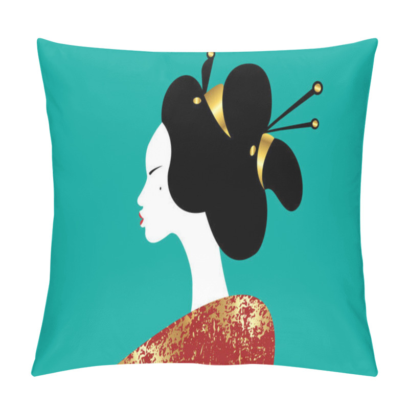 Personality  Portrait Of The Young Japanese Girl Ancient Hairstyle. Geisha, Maiko, Princess. Traditional Asian Woman Style. Print, Poster, T Shirt, Card. Vector Illustration Isolated On Green Vintage Background Pillow Covers