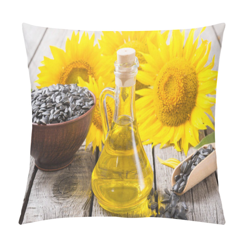 Personality  Ingredient  Oil , Seeds And Sunflower On Wooden Background Pillow Covers