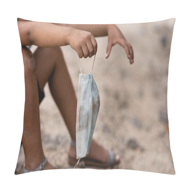 Personality  Cropped View Of African American Kid Holding Dirty Medical Mask On Urban Street  Pillow Covers