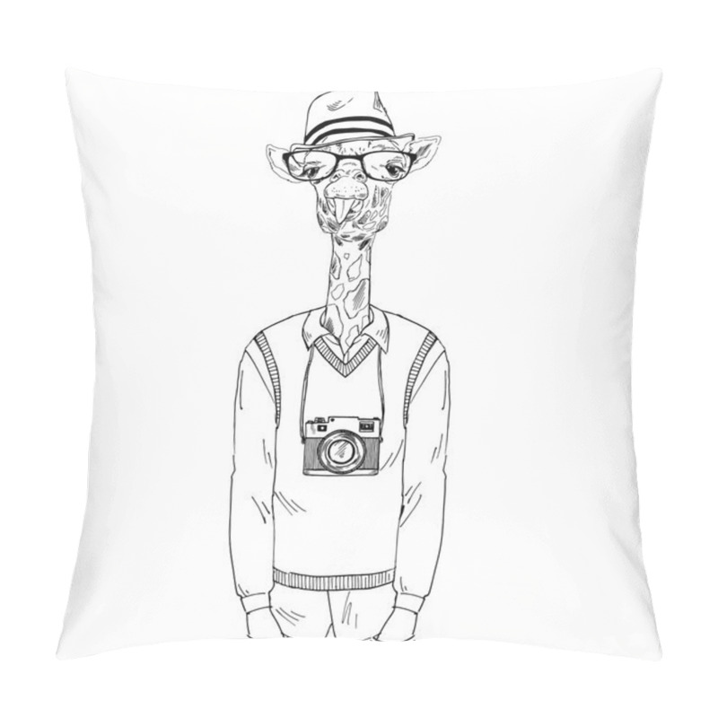 Personality  Giraffe Boy Hipster With Photo Camera Pillow Covers