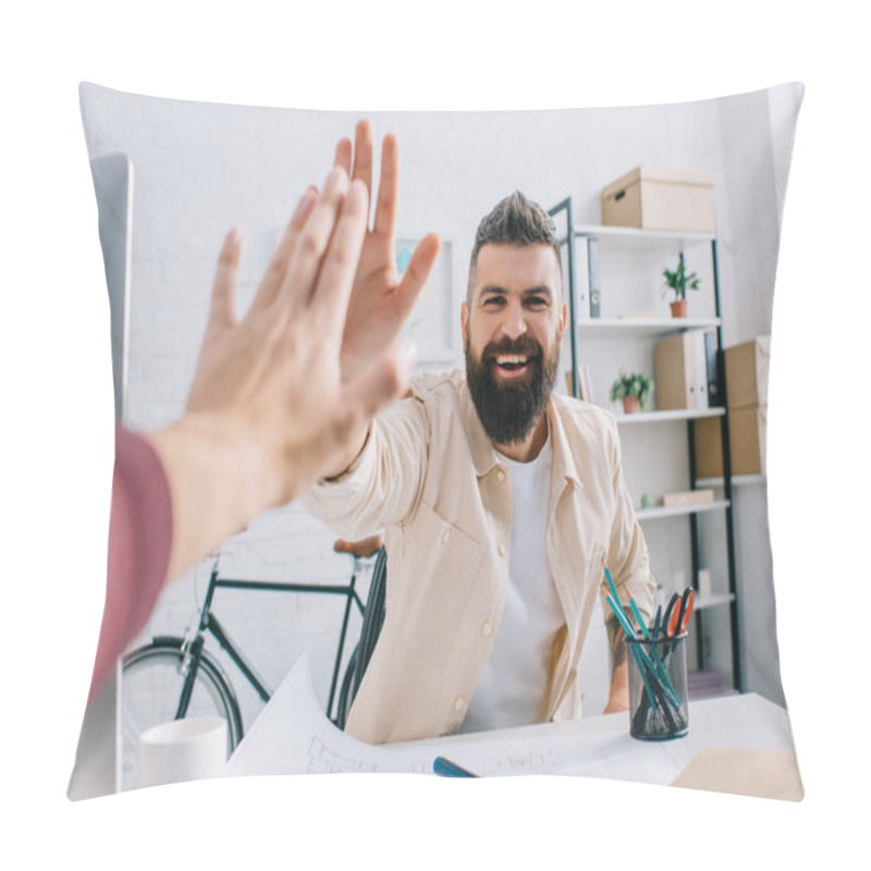 Personality  Smiling Architect Giving High Five To Coworker At Modern Office Pillow Covers