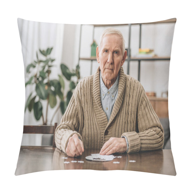 Personality  Upset Retired Man With Grey Hair Playing With Puzzles At Home  Pillow Covers