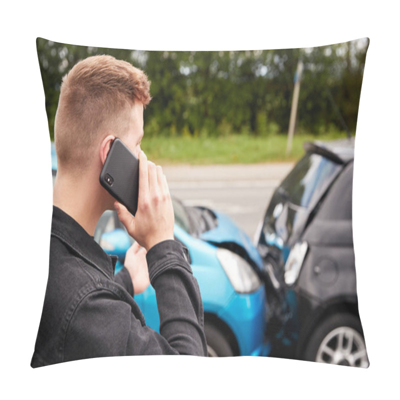 Personality  Young Male Motorist Involved In Car Accident Calling Insurance Company Or Recovery Service Pillow Covers