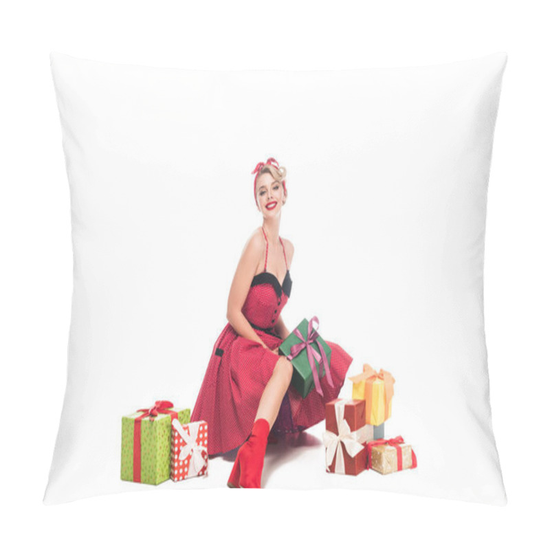 Personality  Beautiful Smiling Woman In Pin Up Dress Sitting Near Pile Of Gift Boxes Isolated On White Pillow Covers