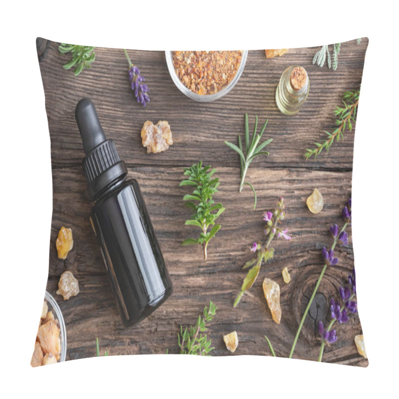 Personality  Bottles Of Essential Oil With Frankincense, Tulsi, Mountain Savory And Other Herbs On A Wooden Background Pillow Covers