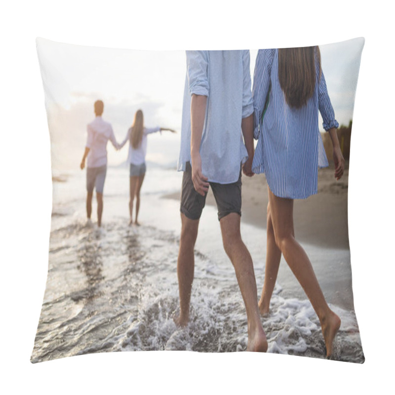 Personality  Group Of Friends Having Fun On The Beach Under Sunset Sunlight. Pillow Covers