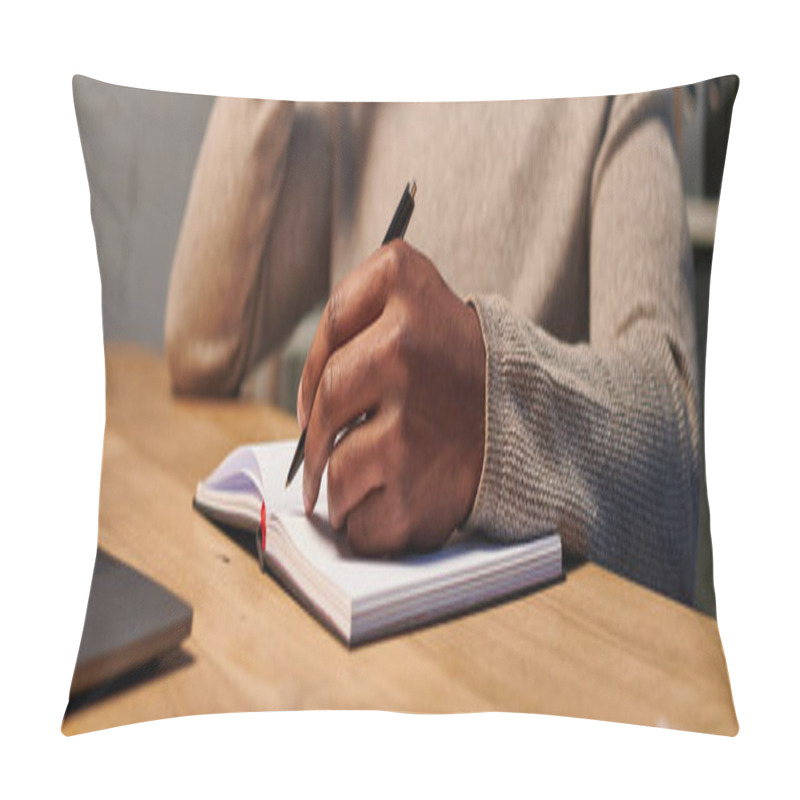 Personality  Cropped View Of African American Freelancer Writing In Notebook While Working At Home, Banner Pillow Covers