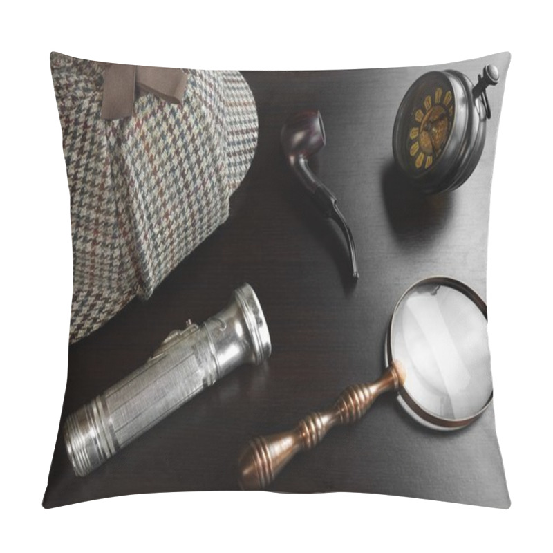 Personality  Sherlock Hat,  Key, Magnifier, Flashlight, Pipe  On Black Table  Pillow Covers