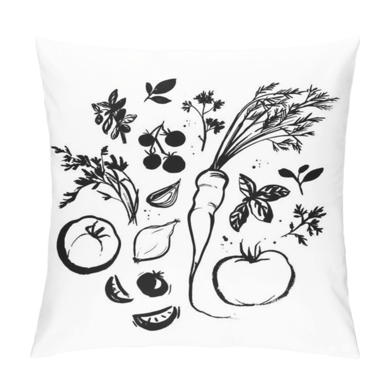 Personality  Various Vegetables And Cooking Herbs, Hand Drawn Ink Illustration. Imperfect Veggies, Locally Grown. Drawings For Recipes Book, Local Farm Market, Organic Products Labels. Black And White Silhouettes Pillow Covers