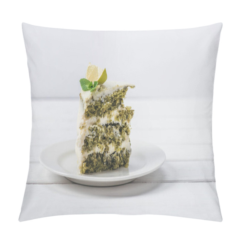 Personality  Piece Of White Cake Decorated With Mint Leaves And Line Slices On Saucer Isolated On White  Pillow Covers