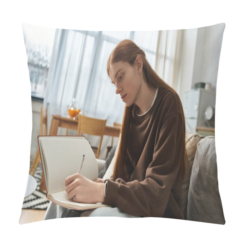 Personality  A Young Man With Long Red Hair Relaxes In A Modern Apartment, Jotting Down Ideas In His Notebook. Pillow Covers