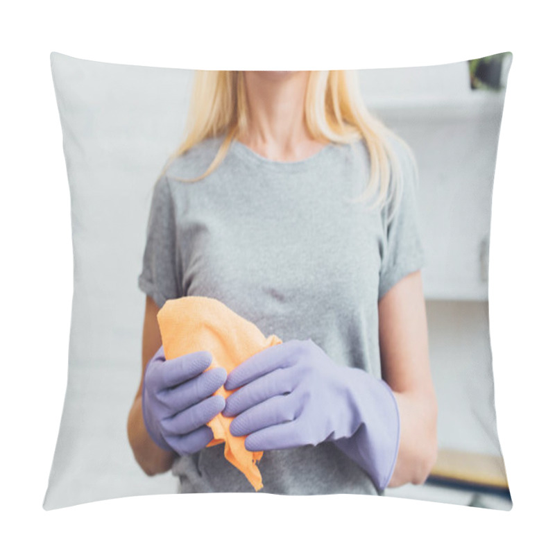 Personality  Close Up Of Woman In Rubber Gloves Holding Cloth Pillow Covers