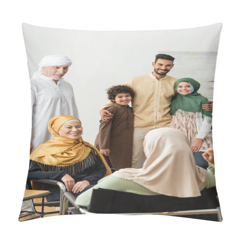 Personality  Smiling Arabian Man Embracing Kids Near Multiethnic Muslim Family Talking At Home Pillow Covers