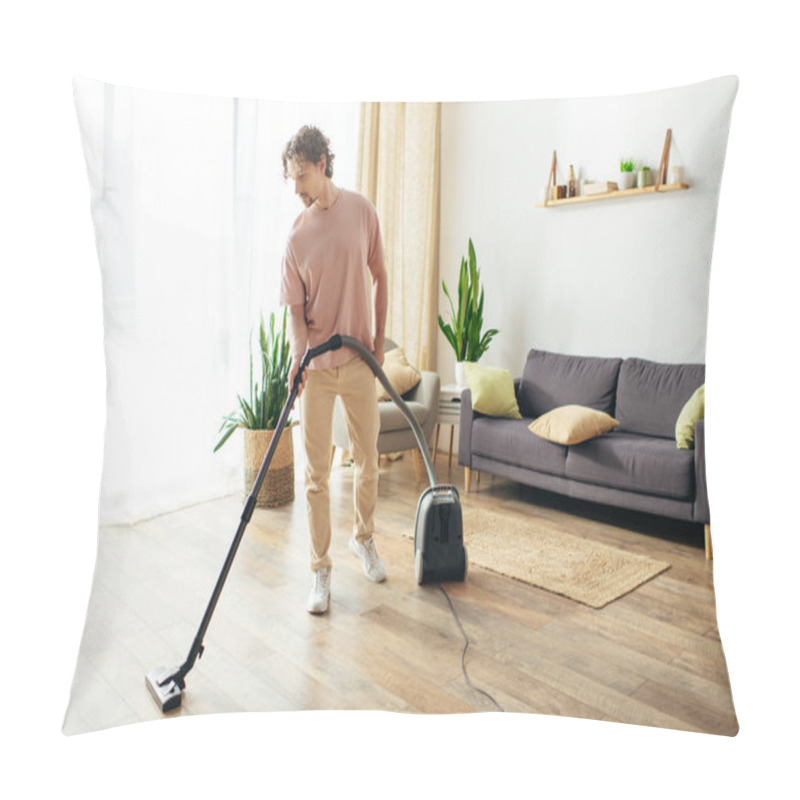 Personality  A Man In Cozy Homewear Cleans The Living Room With A Vacuum. Pillow Covers