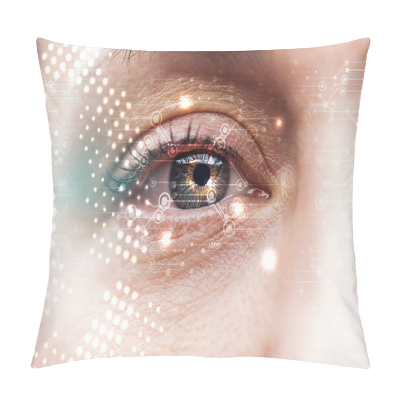 Personality  Close Up View Of Human Eye With Data Illustration, Robotic Concept Pillow Covers