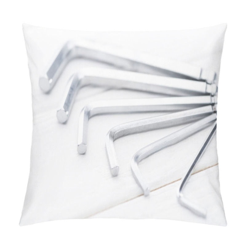 Personality  Close Up View Of Metal Hek Keys On White Wooden Background Pillow Covers