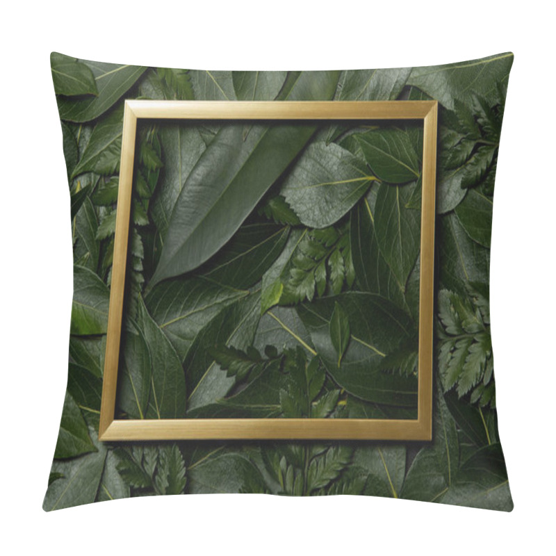 Personality  Top View Of Golden Frame On Fresh Leaves Background Pillow Covers