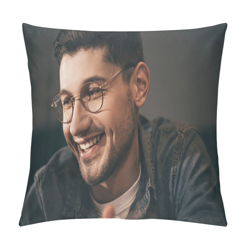 Personality  Portrait Of Cheerful Man In Eyeglasses Looking Away Pillow Covers