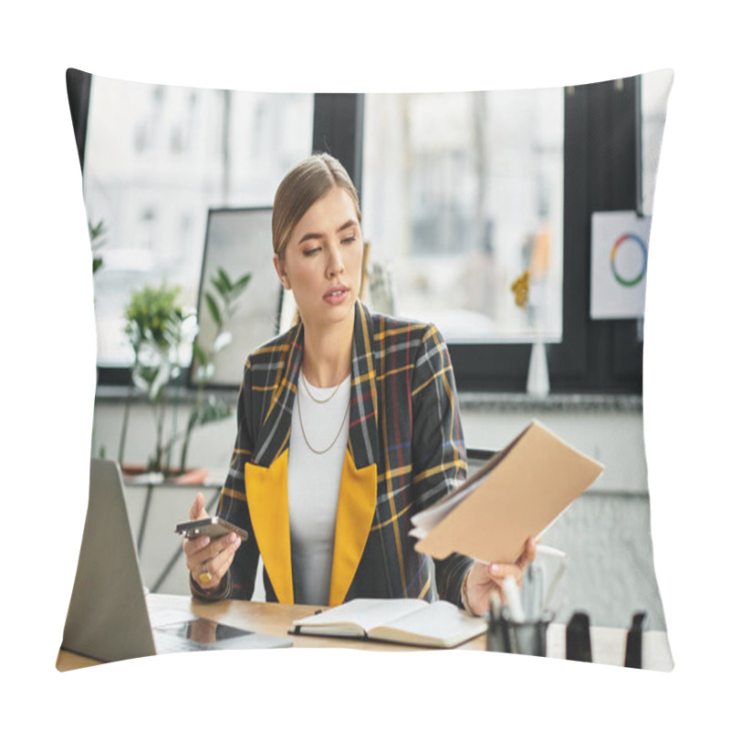 Personality  Focused Young Woman In Checkered Blazer Juggles Tasks While Working In A Bright Office Space. Pillow Covers