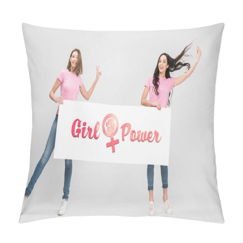 Personality  Cheerful Women Holding Large Sign With Girl Power Lettering On Grey Background Pillow Covers