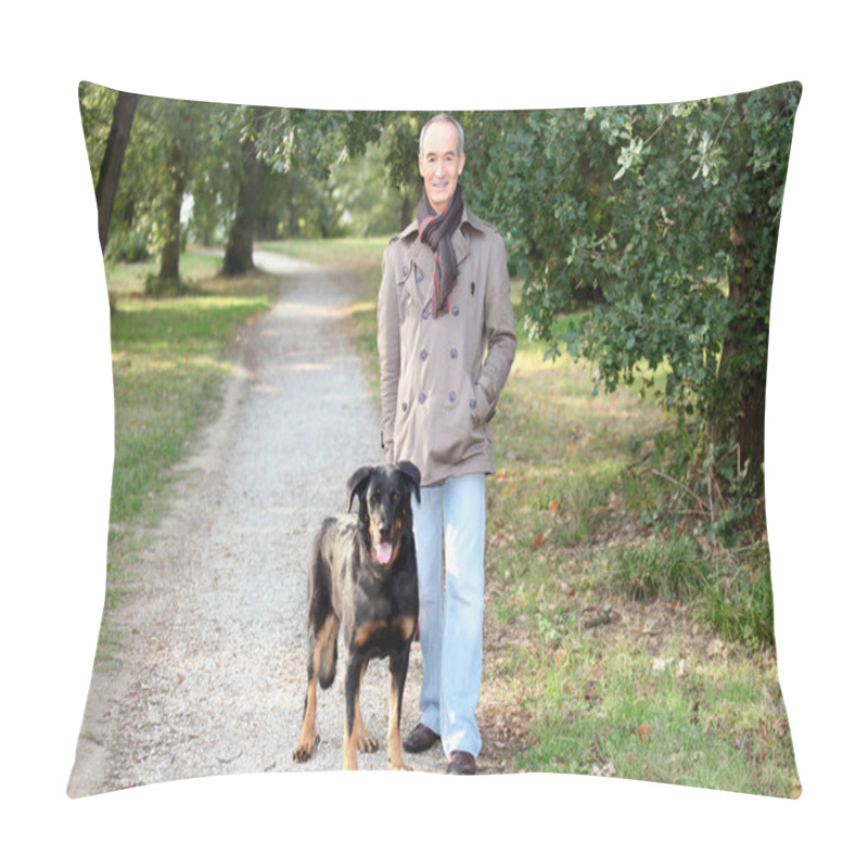 Personality  Senior Man Walking His Dog In The Woods Pillow Covers