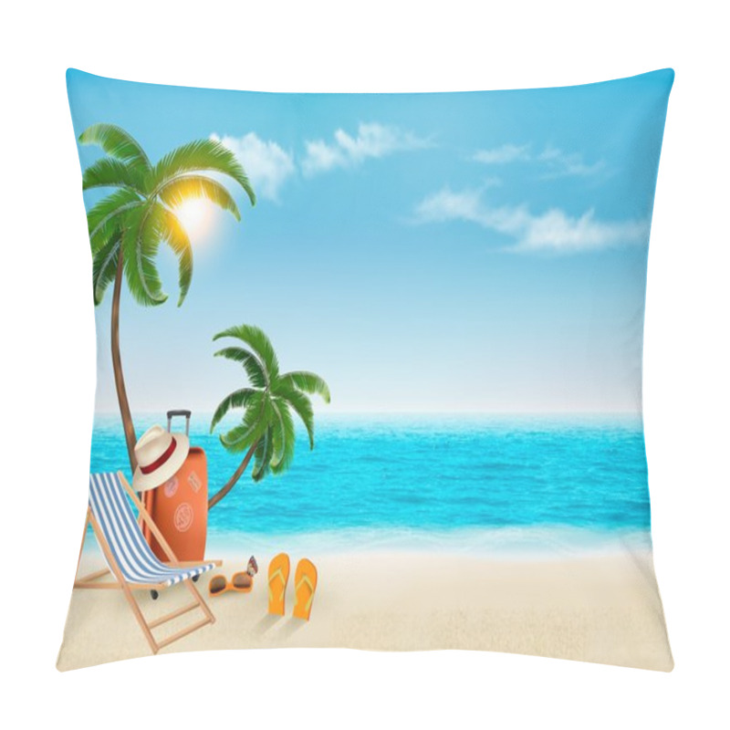 Personality  Tropical Seaside With Palms, A Beach Chair And A Suitcase. Vacat Pillow Covers