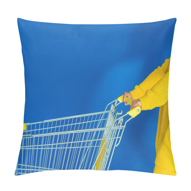 Personality  Cropped View Of Female Hand On Shopping Cart On Blue Background Pillow Covers