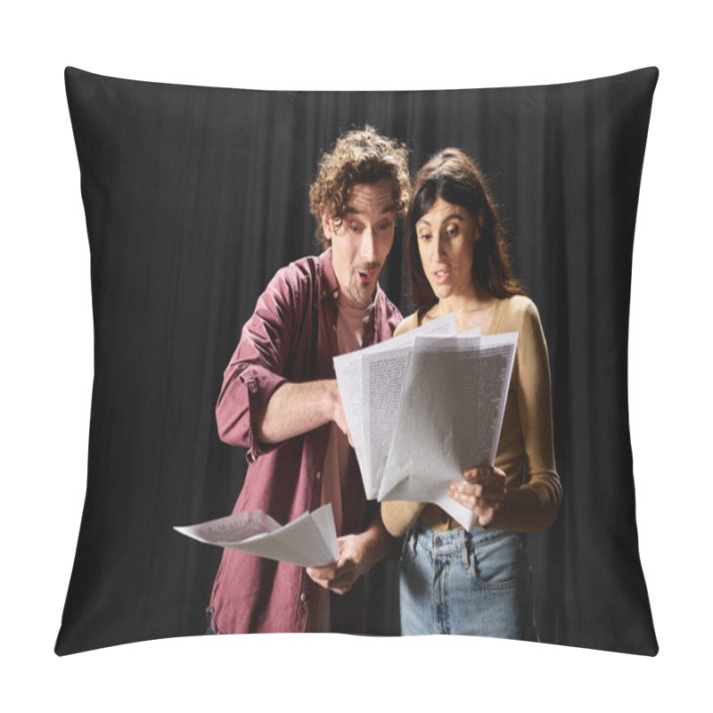 Personality  Handsome Man Stands Beside Woman Holding Papers, Rehearsing For Theater Performance. Pillow Covers