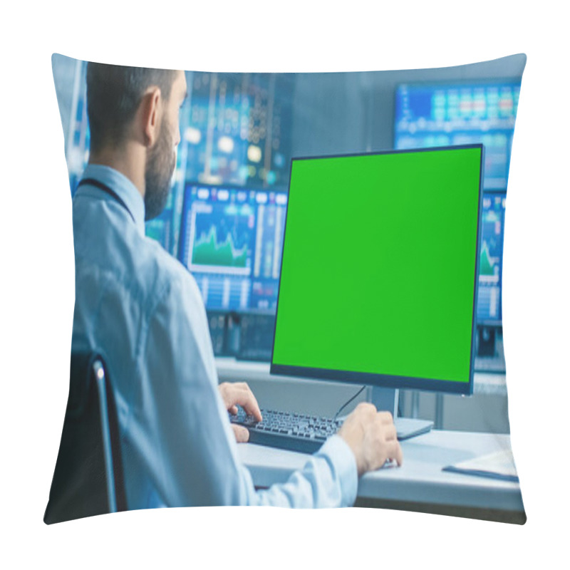 Personality  Stock Market Trader Working On A Computer With Isolated Mock-up Green Screen. In The Background Monitors Show Stock Ticker Numbers And Graphs. Pillow Covers