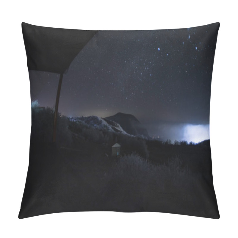 Personality  Beautiful Night Landscape With Starry Night Mountains And Forest. Night Forest With Green Meadow And Mountains In Bright Starry Night Or View Of Milky Way. Selective Focus Pillow Covers