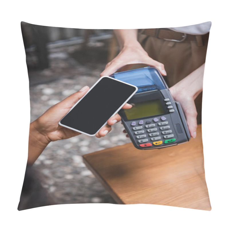 Personality  Cropped View Of African American Client Paying With Cellphone Near Waitress On Terrace Of Cafe  Pillow Covers