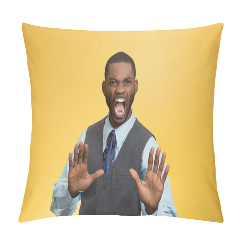 Personality  Angry Executive Gesturing With Hands To Stop Pillow Covers