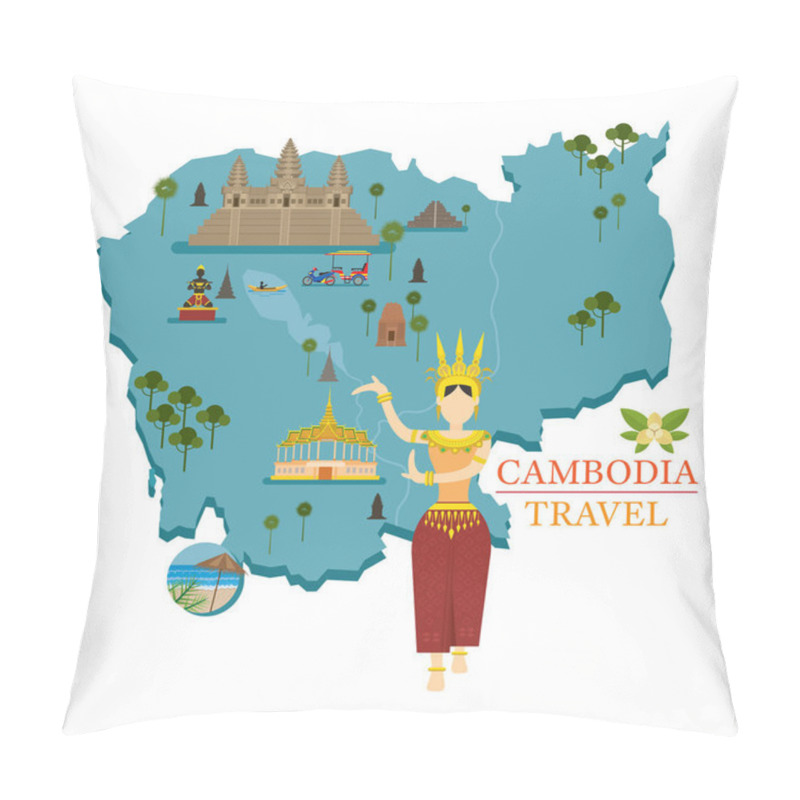 Personality  Cambodia Map And Landmarks With Apsara Dancer Pillow Covers