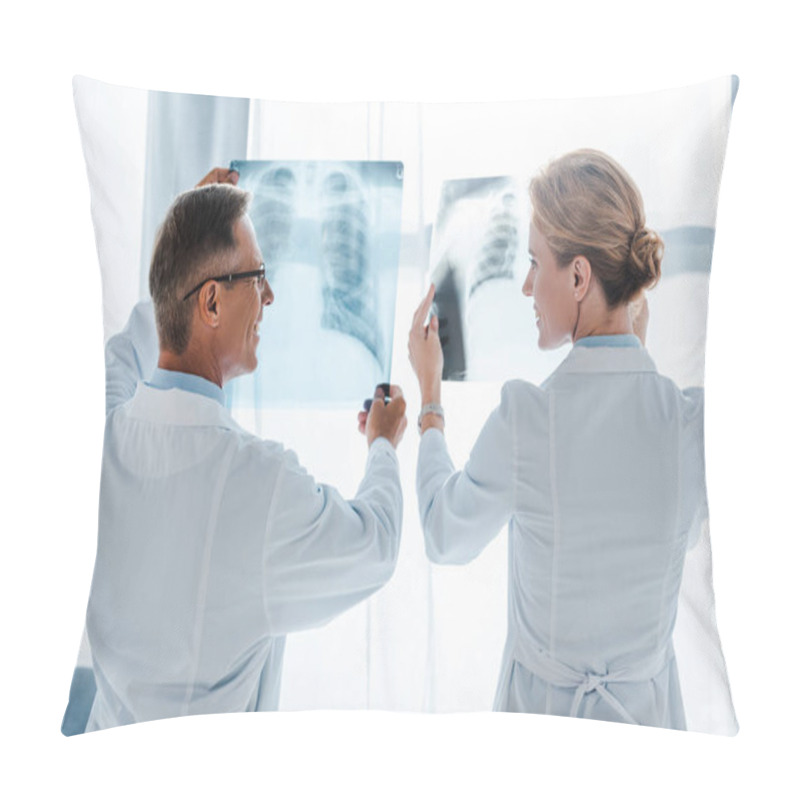 Personality  Happy Doctor In Glasses And Beautiful Coworker Holding  X-rays In Clinic  Pillow Covers