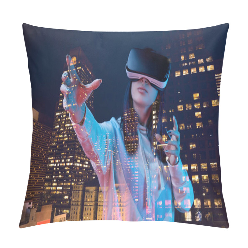 Personality  Double Exposure Of Brunette Girl Gesturing While Wearing Virtual Reality Headset And Modern City With Skyscrapers In Nighttime  Pillow Covers